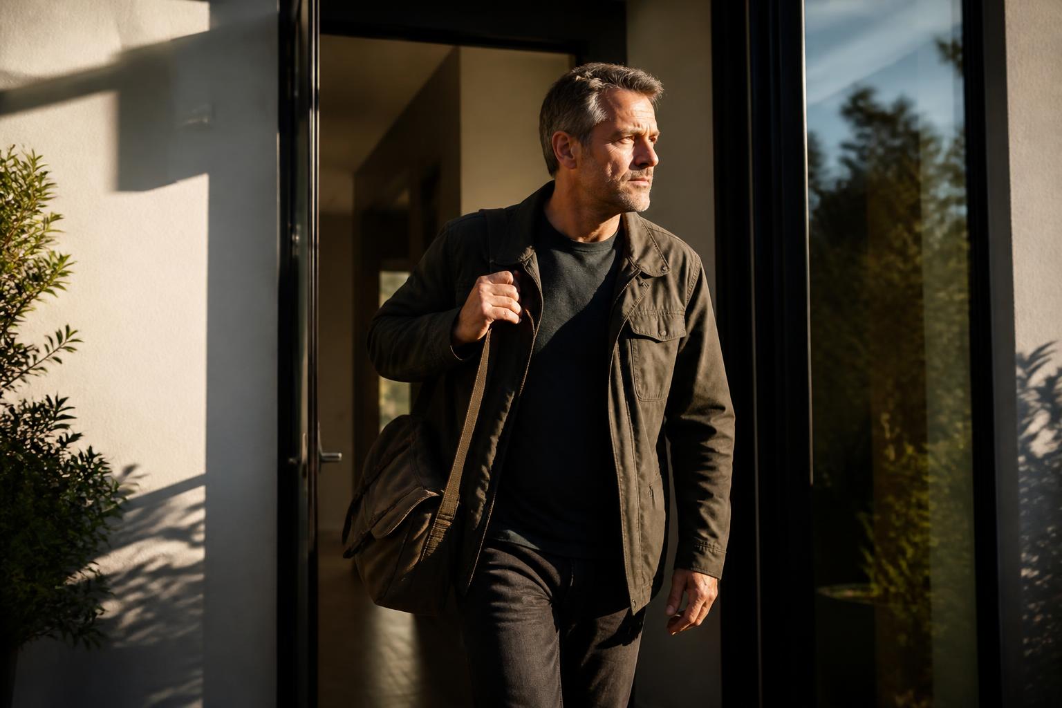 Man in his mid-fifties leaving his home in morning sunlight with a work bag over his shoulder, looking focused